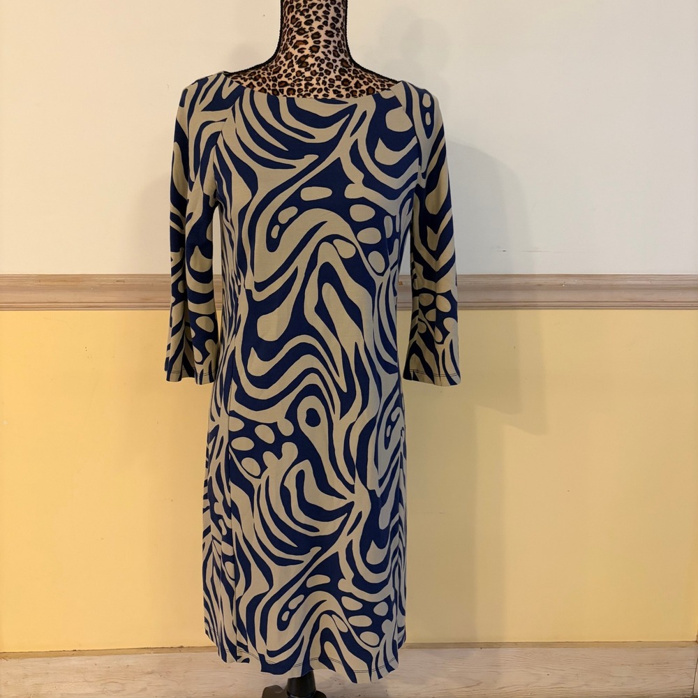 J.McLaughlin Navy Blue Tan Abstract Swirl Catalina Cloth Sheath Dress Small